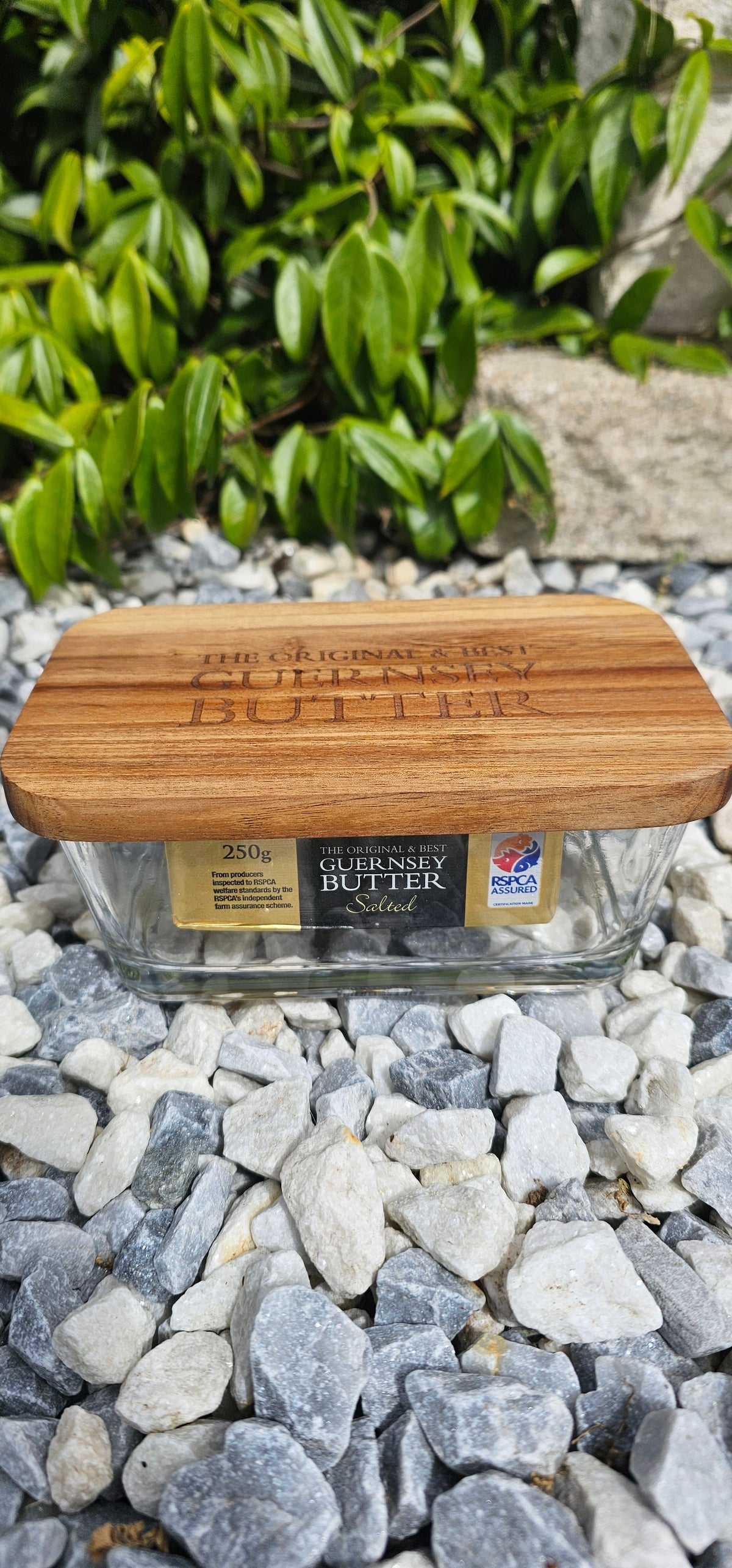 Guernsey butter dish with wooden lid, engraving detail