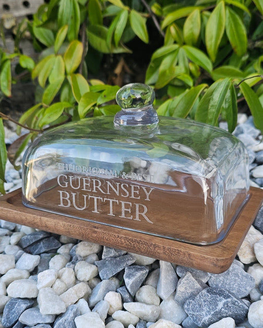 Guernsey Butter Dish with glass dome and engraved wooden base