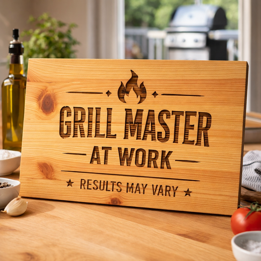 Grill Master At Work laser engraved wooden sign in a garden setting