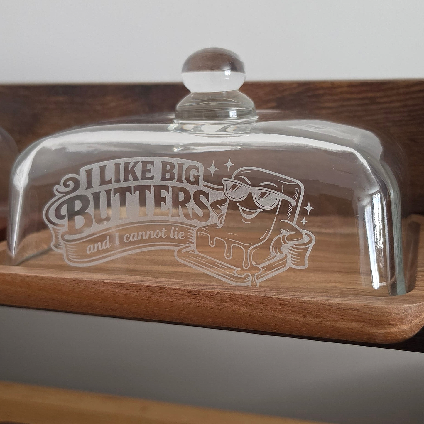 Big Butters Glass Butter Dish - engraving close-up