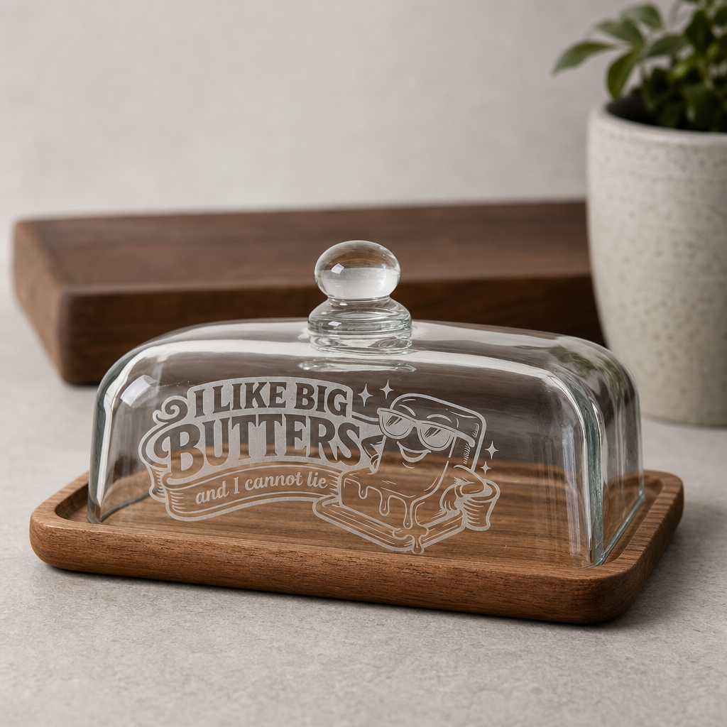 Big Butters Glass Butter Dish - wood grain and detail angle