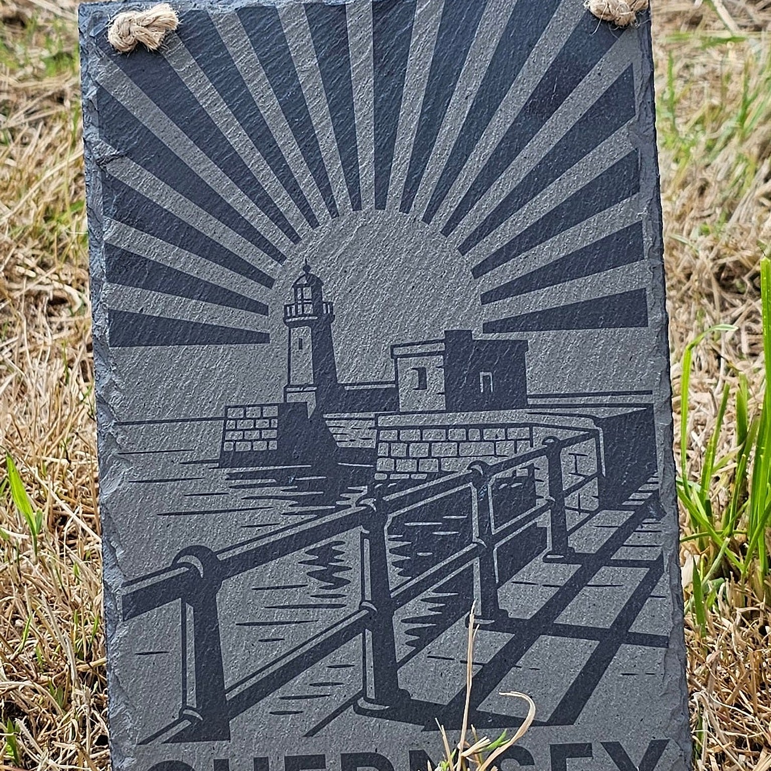 Castle Breakwater Hanging Slate Sign - engraving close-up