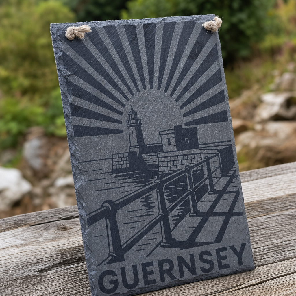 Castle Breakwater Hanging Slate Sign - wood grain and detail angle