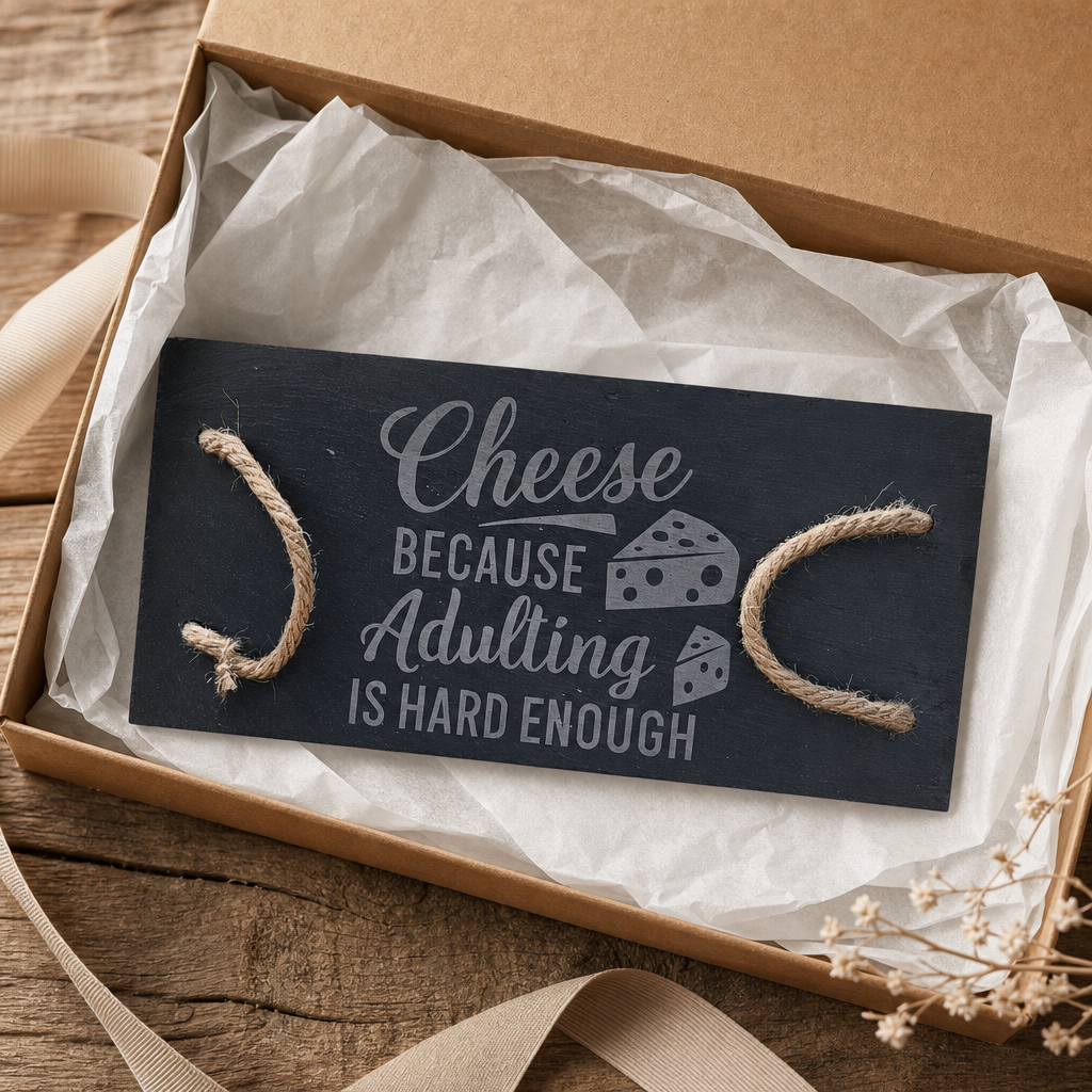 Cheese - Because Adulting Is Hard Enough Slate Rope Board - gift packaging product photo for General Gift