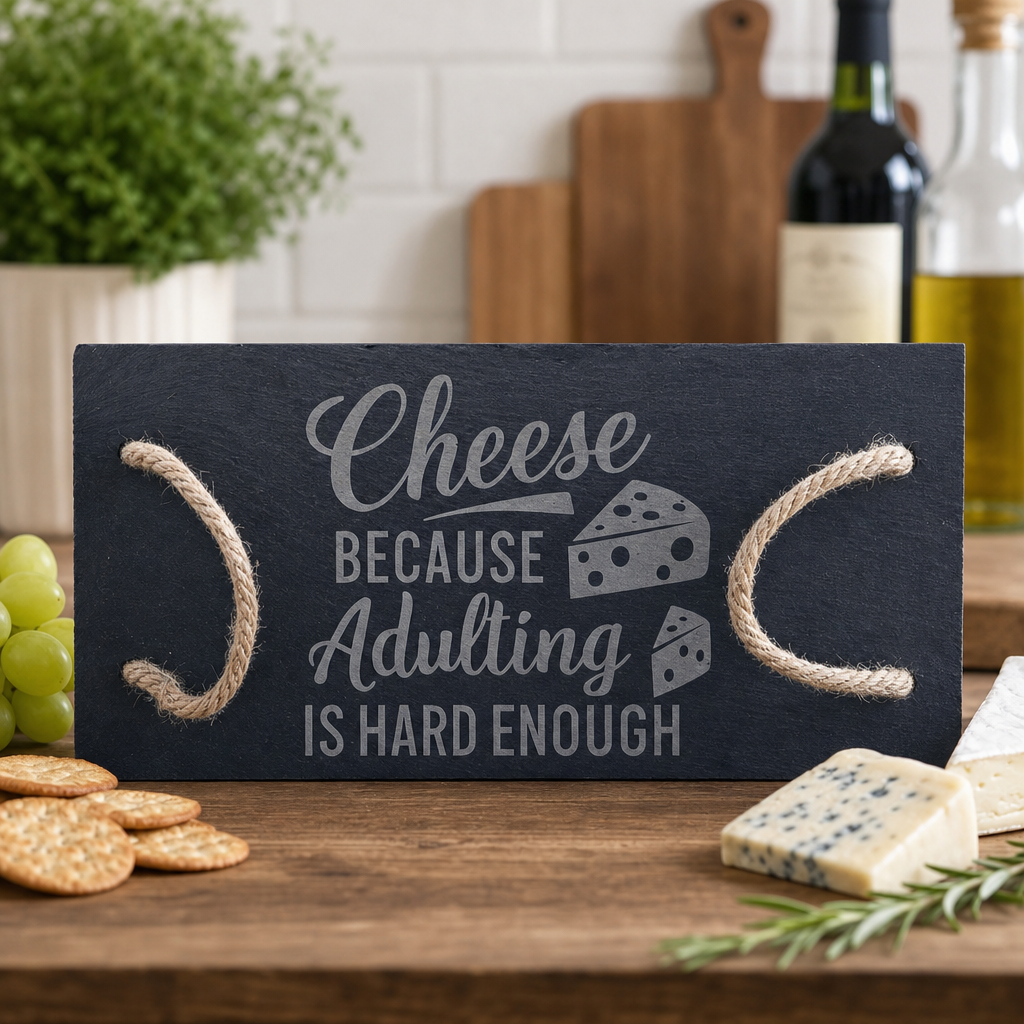 Cheese - Because Adulting Is Hard Enough Slate Rope Board - lifestyle product photo