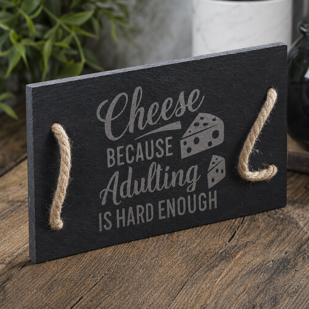 Cheese - Because Adulting Is Hard Enough Slate Rope Board - wood grain and detail angle