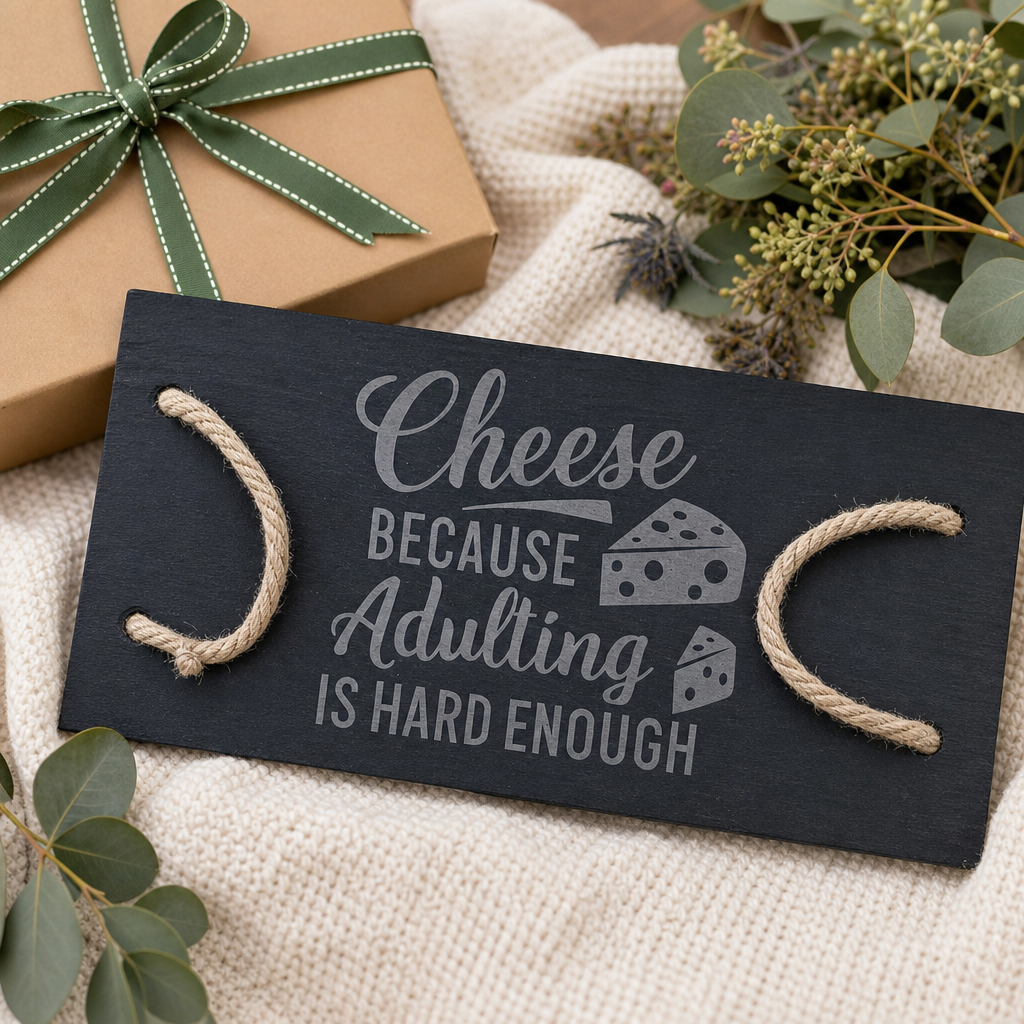 Cheese - Because Adulting Is Hard Enough Slate Rope Board - gift occasion product photo for General Gift