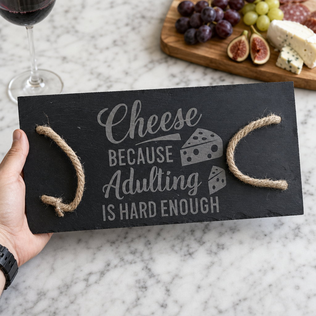 Cheese - Because Adulting Is Hard Enough Slate Rope Board - scale reference product photo