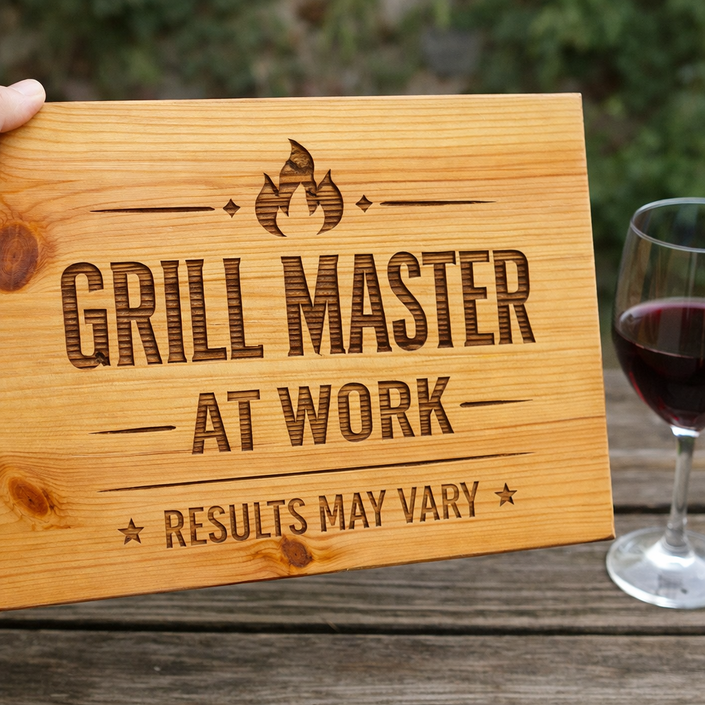 Grill Master At Work — Laser Engraved Wooden Sign - scale reference product photo
