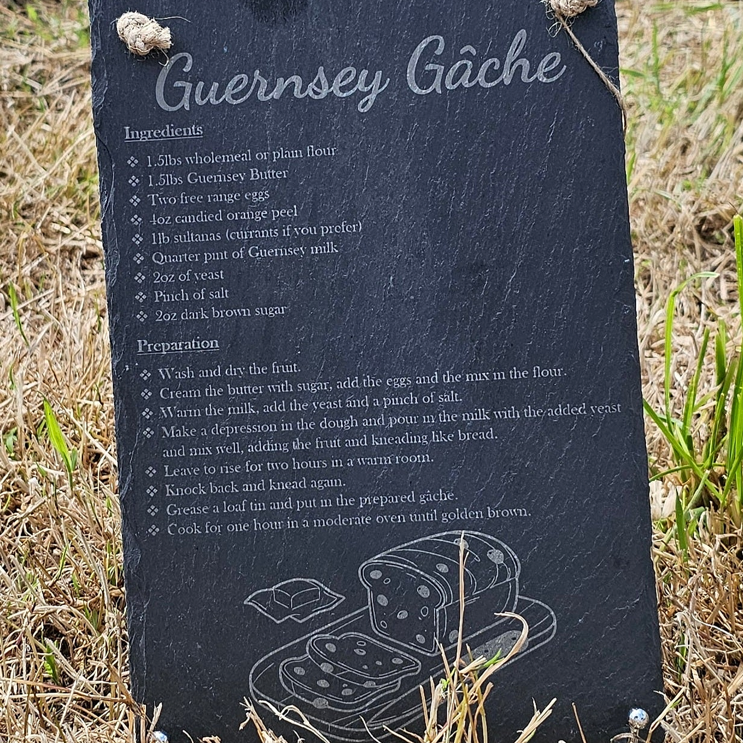 Guernsey Gache Slate Hanging Sign - engraving close-up