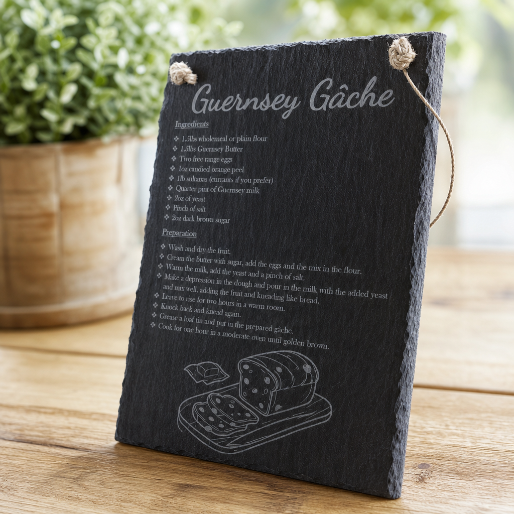 Guernsey Gache Slate Hanging Sign - wood grain and detail angle