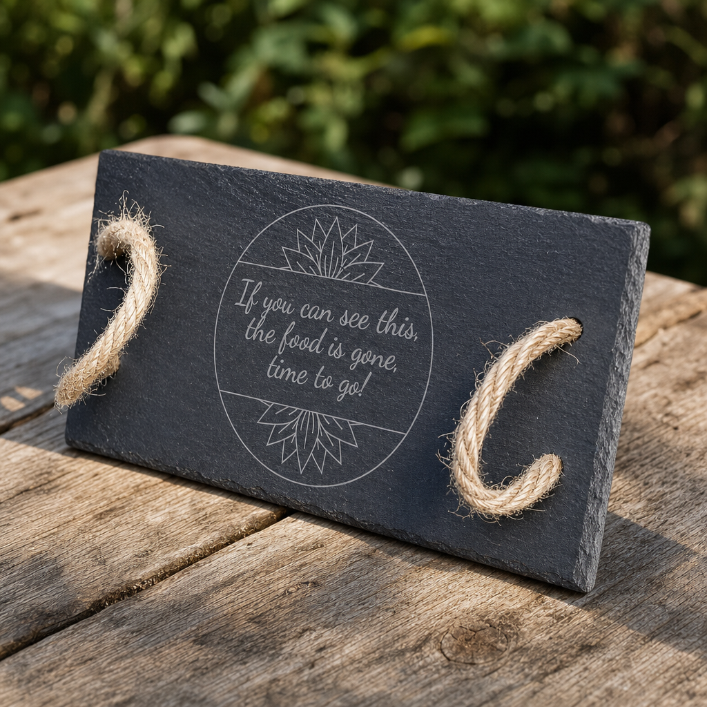 If You Can Read This The Food Is Gone, Time To Go Slate Rope Board - wood grain and detail angle