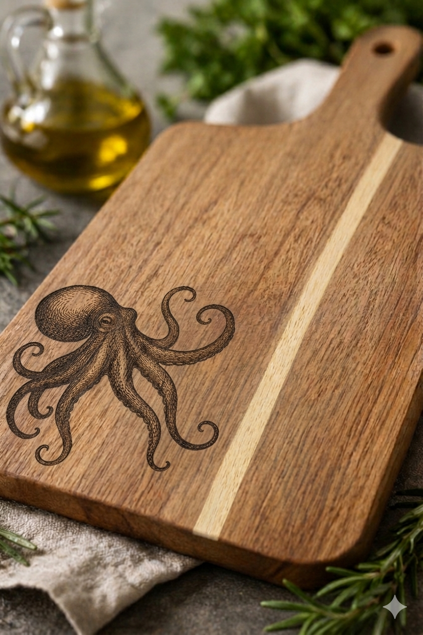 Wooden cutting board with an engraved octopus design on a rustic background.