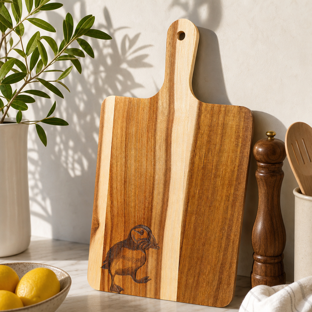 Puffin Acacia Personalised Cutting Board - lifestyle product photo