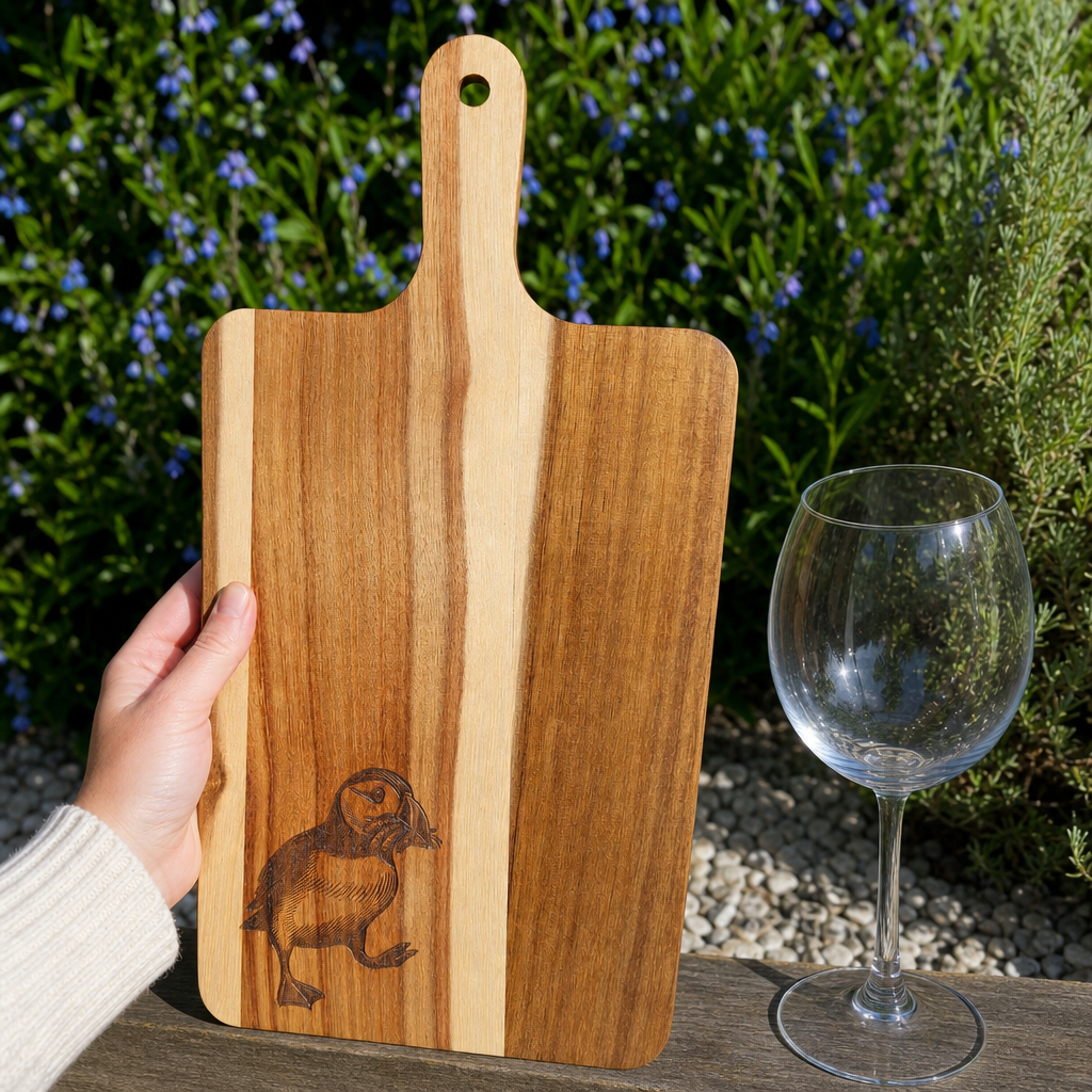 Puffin Acacia Personalised Cutting Board - scale reference product photo