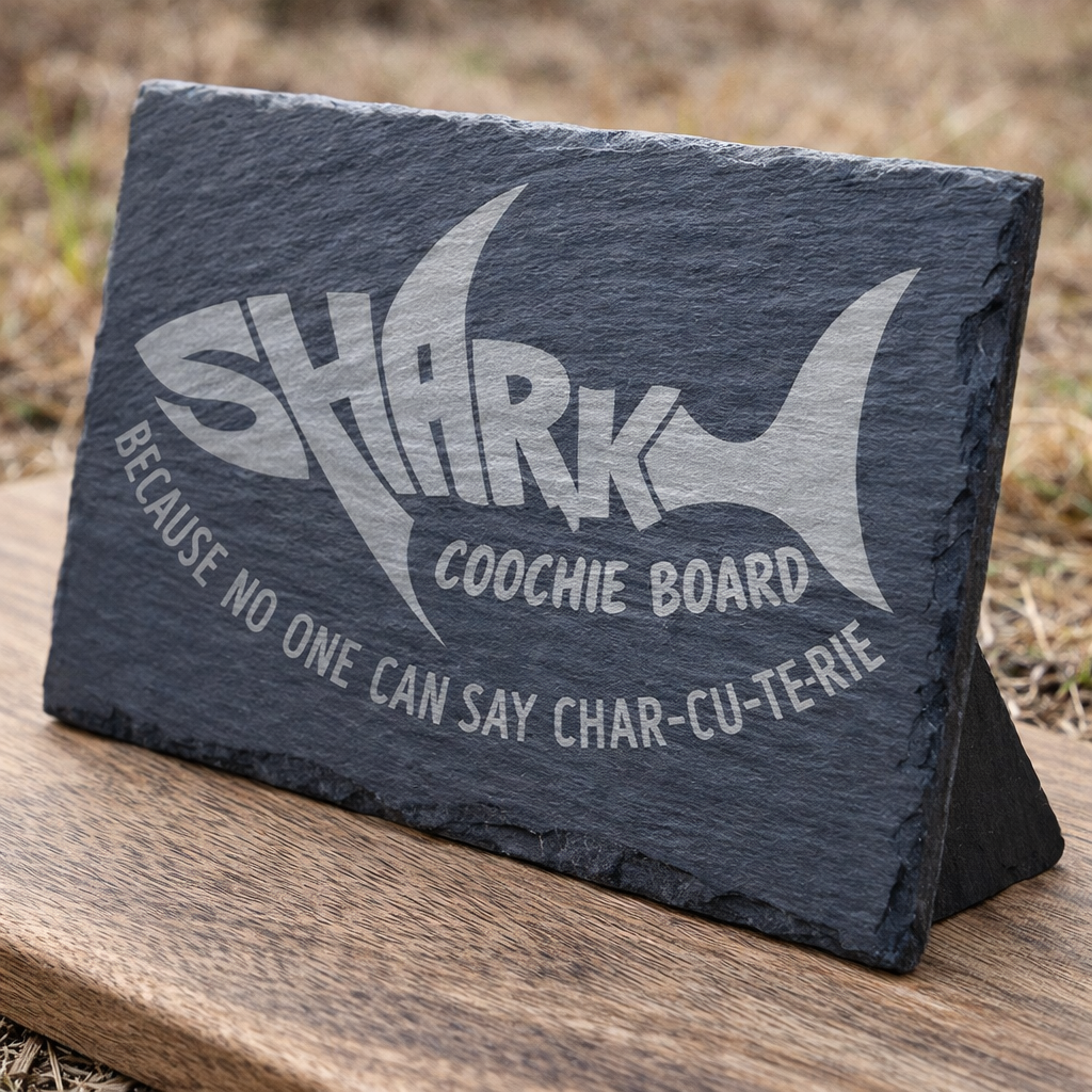 Shark Coochie Slate Board - Because No One Can Say Char-cu-te-re - wood grain and detail angle