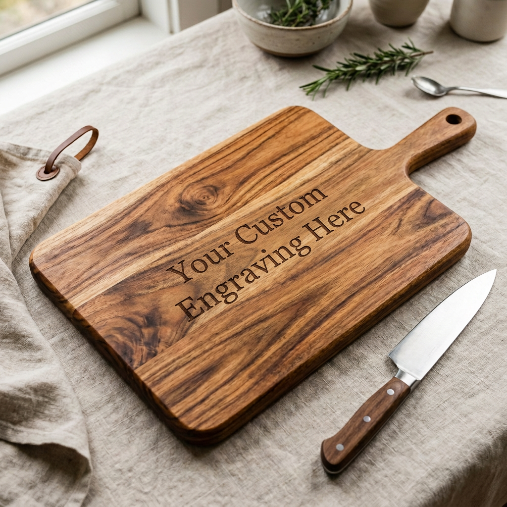 Personalised Acacia Handle Board, Custom Laser Engraved Serving Board