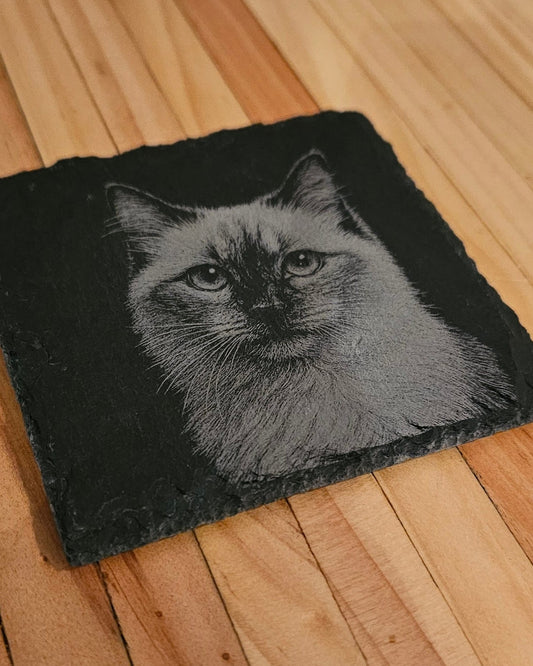 Black patch with a cat design on a wooden surface