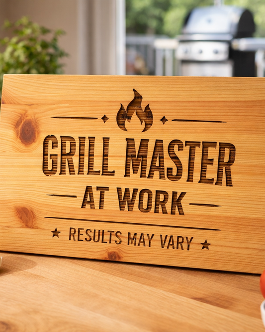 Grill Master At Work — Laser Engraved Wooden Sign - lifestyle product photo