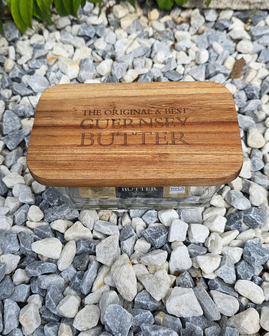 Guernsey butter dish with engraved wooden top