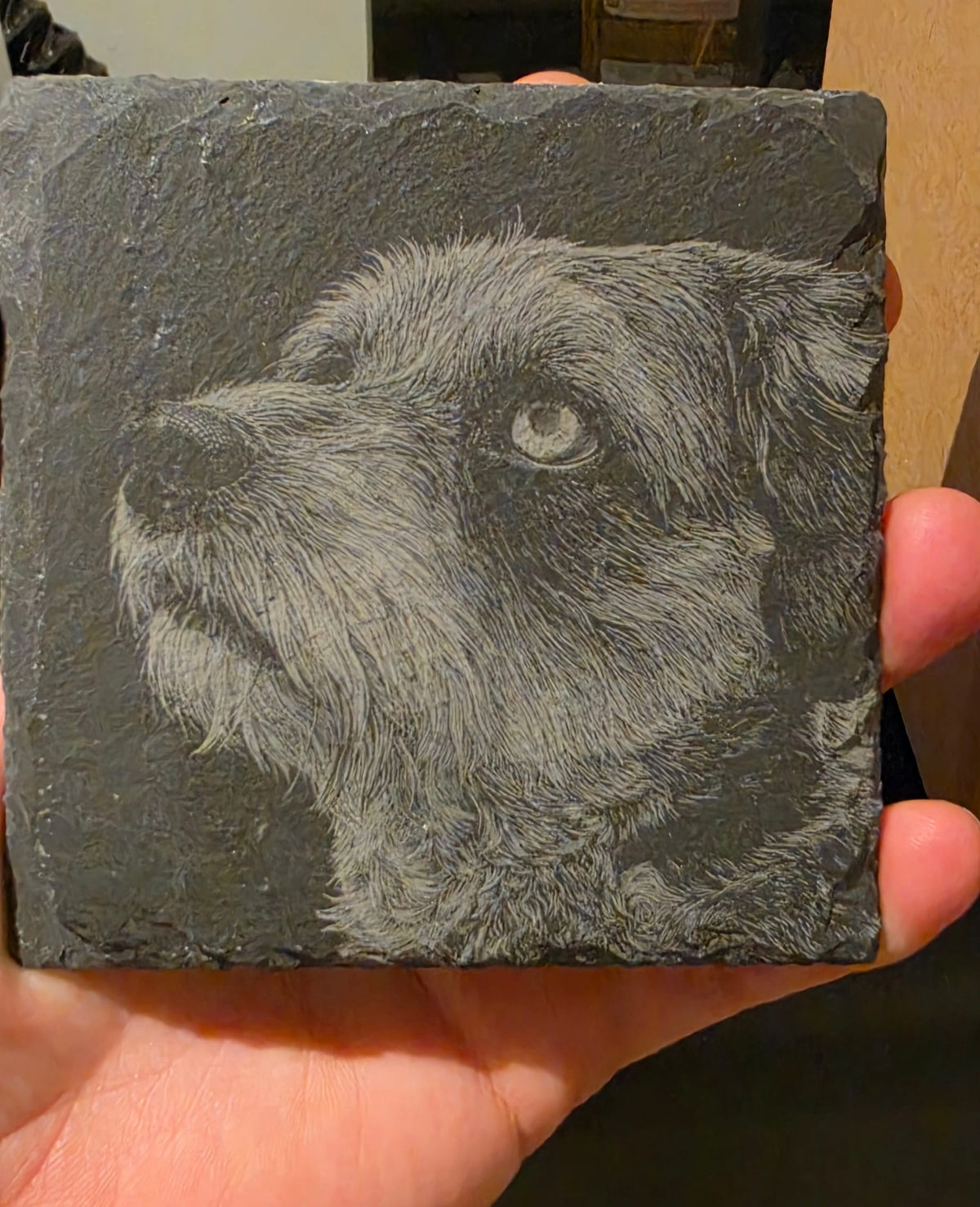 Personalised pet portrait slate coasters engraved from your photo