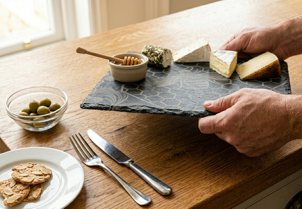 Person arranging cheese and crackers on a slate board with a wooden surface.