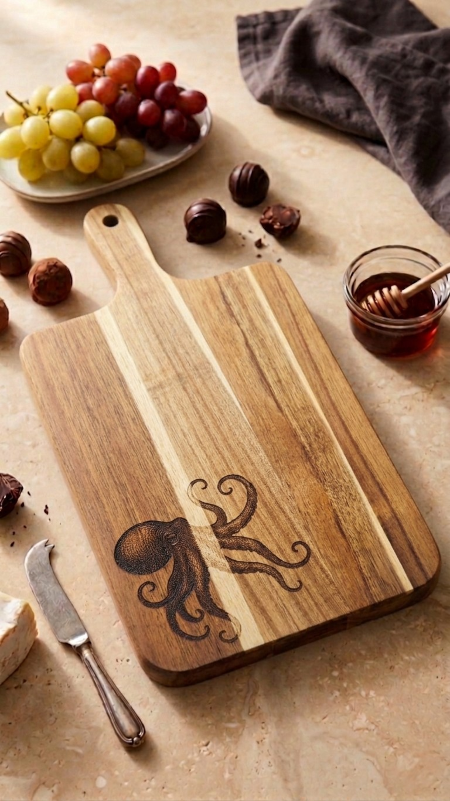 Wooden cutting board with octopus design on a table with fruits and honey.