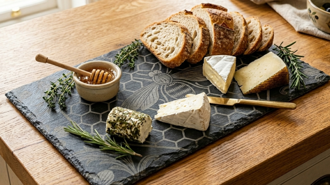 Platter of sliced bread and cheese on a wooden table with herbs and honey.